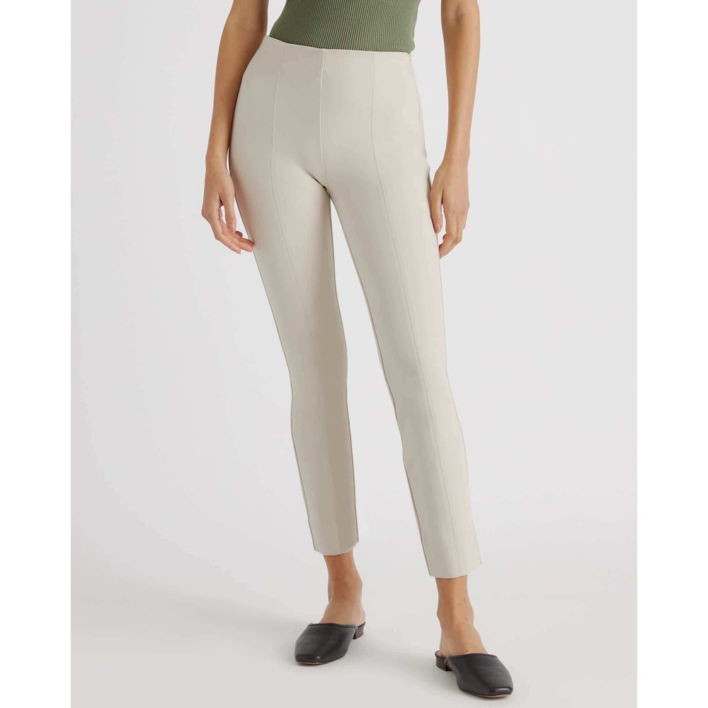 NWT Quince Ultra-Stretch Ponte Pintuck Ankle Pant Ecru Beige Slim Trousers L
